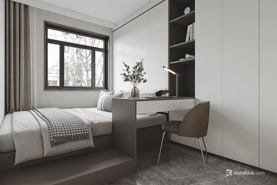 Modern Tatami Bedroom Interior Design With Platform Bed Desk Window And Bookshelf 3d model 