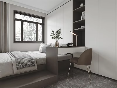 Modern Tatami Bedroom Interior Design With Platform Bed Desk Window And Bookshelf 3d model