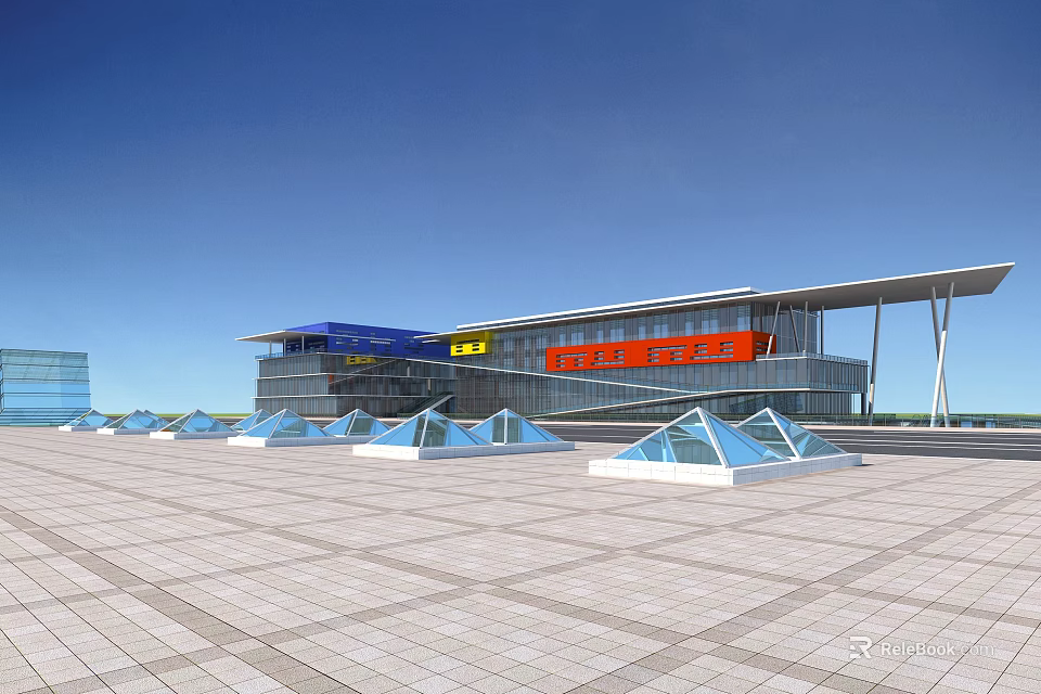 Modern Exhibition Center Architecture Featuring Blue Roof Red Signage and Geometric Glass Plaza 3d model 