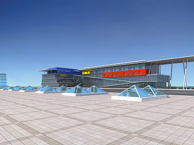 Modern Exhibition Center Architecture Featuring Blue Roof Red Signage and Geometric Glass Plaza 3d model
