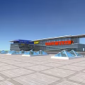 Modern Exhibition Center Architecture Featuring Blue Roof Red Signage and Geometric Glass Plaza