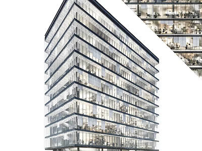 Modern High Rise Office Building With Glass Curtain Wall And Interior Office Workers 3d model
