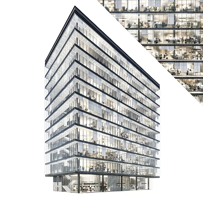 Modern High Rise Office Building With Glass Curtain Wall And Interior Office Workers 3d model