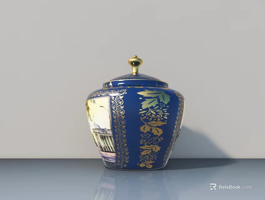 Elegant Blue Ceramic Decorative Ornament Set With Gold Floral Patterns And Lid 3d model 