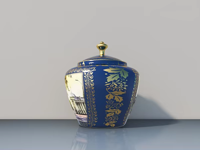Elegant Blue Ceramic Decorative Ornament Set With Gold Floral Patterns And Lid 3d model