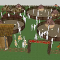 Outdoor Rustic Activity Area With Thatched Huts Wooden Fences And People