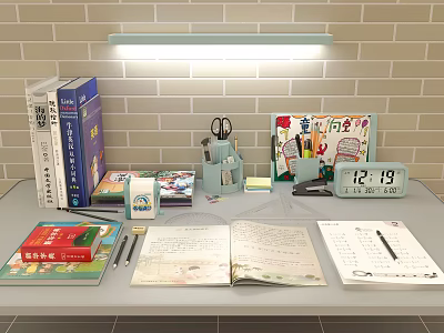 Modern Desk Decoration Desk Textbook Combination Children's Textbook Courseware Books Primary School Middle School Textbook Homework Combination 3d model