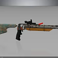Weathered Tactical Rifle With Teal Wooden Grip Orange Barrel And Black Tactical Scope