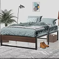Double Bed with Metal Frame Light Green Geometric Bedspread Striped Pillows Brown Boots and Green Plant in Bedroom Interior