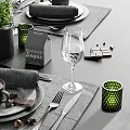 Modern Dinnerware Set With Plates Napkins Coffee Cup Forks Knives Wine Glass And Green Plant