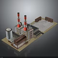 Industrial Factory Building With Red White Chimneys Cooling Tower And Steel Structures