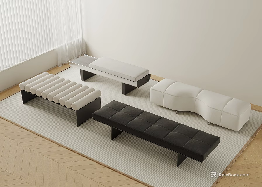 Multiple Modern Upholstered Benches In Black And White On Rug Covered Floor Interior 3d model 