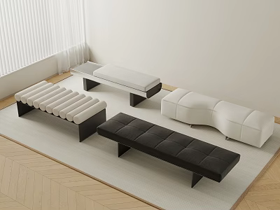 Multiple Modern Upholstered Benches In Black And White On Rug Covered Floor Interior 3d model