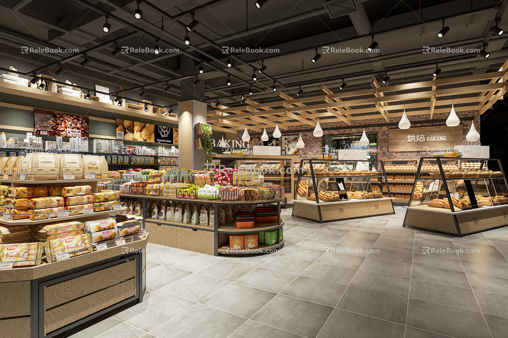 Modern supermarket supermarket snack area supermarket bread area daily necessities area dry food refrigerated refrigerator commodity shelves 3d model