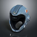 Futuristic Blue Sci Fi Weapon Helmet Featuring Emblem And Tactical Design Details