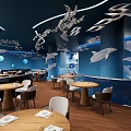 Modern Blue Restaurant Interior With Curved Bar Counter And Hanging Leaf Lamps