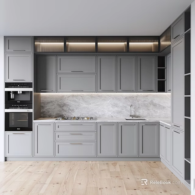 Modern Kitchen Interior With Gray Cabinets Marble Countertop Built-in Appliances And Under Cabinet Lighting 3d model 
