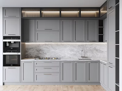 Modern Kitchen Interior With Gray Cabinets Marble Countertop Built-in Appliances And Under Cabinet Lighting 3d model