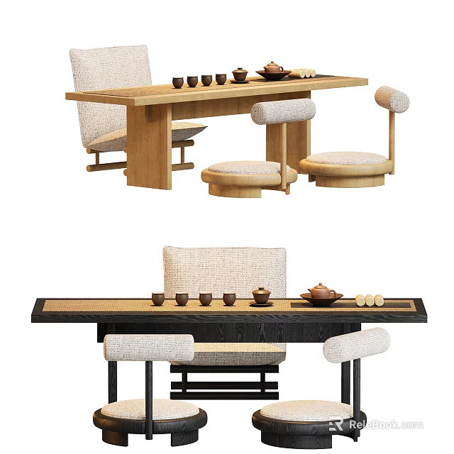 Modern Tea Table and Chairs with Wooden Tabletop Fabric Seats and Tea Sets 3d model 