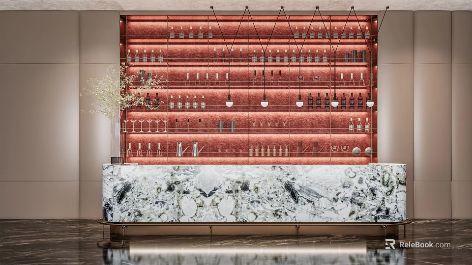 Elegant Reception Desk Featuring Marble Countertop Red Wine Rack Background And Hanging Lights 3d model 