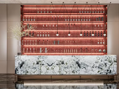 Elegant Reception Desk Featuring Marble Countertop Red Wine Rack Background And Hanging Lights 3d model