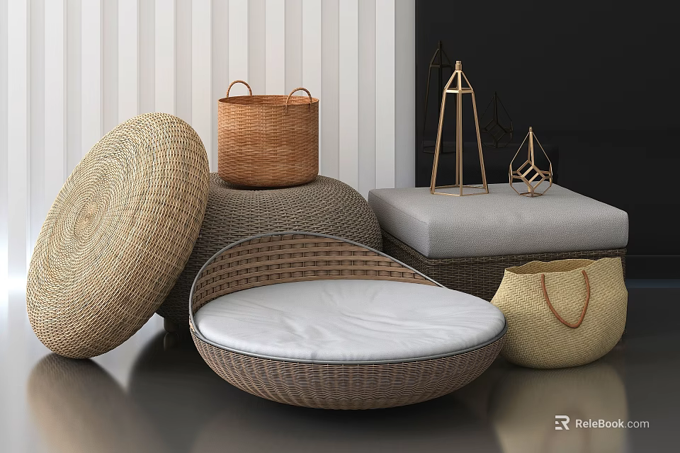 Modern Rattan Sofa Stool With Round White Cushion And Decorative Baskets 3d model