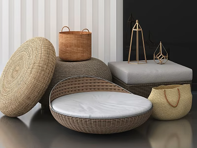 Modern Rattan Sofa Stool With Round White Cushion And Decorative Baskets 3d model