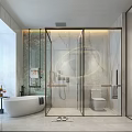 Modern Bathroom Interior With Marble Walls Oval Mirror Vanity Cabinets Lighting And Potted Plant