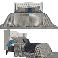 Double Bed With Tufted Headboard Plaid Quilt And Blue Gray Pillows 3d model