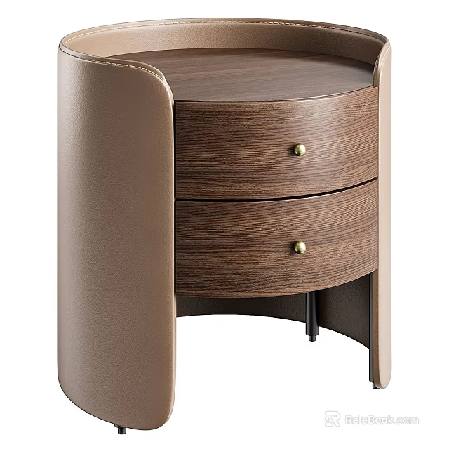 Modern Wooden Nightstand With Leather Sides And Metal Knob Drawers 3d model 