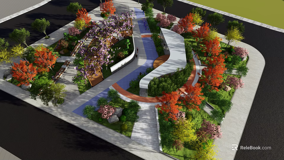 Vibrant Garden Landscape Design With Curved Pathways Colorful Trees And Lush Greenery 3d model 