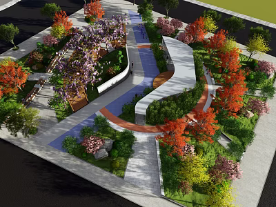 Vibrant Garden Landscape Design With Curved Pathways Colorful Trees And Lush Greenery 3d model