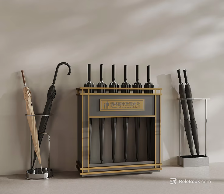 Modern Gold Frame Umbrella Stand With Multiple Slots And Transparent Holders 3d model