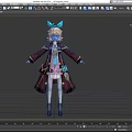 Game Movie Character With Blonde Hair Blue Bow Dark Coat White Stockings And Black Boots