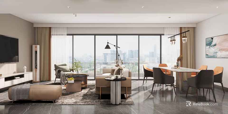 Modern Living And Dining Room Interior With Large Windows City View Sofa Dining Table 3d model