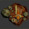 Orange Animated Game Character Holding Lantern With Polygonal Rocks On Colorful Base