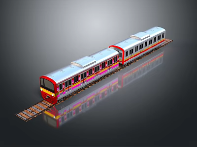 Modern Silver Train With Red Front Two Carriages Colorful Stripes On Rail Tracks 3d model