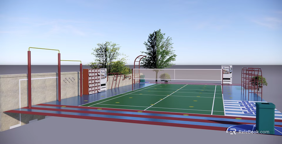 Outdoor Fitness Sports Court With Green Surface Red Borders And Workout Equipment 3d model 