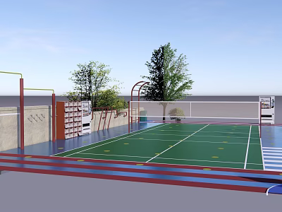Outdoor Fitness Sports Court With Green Surface Red Borders And Workout Equipment 3d model