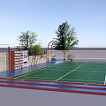 Outdoor Fitness Sports Court With Green Surface Red Borders And Workout Equipment
