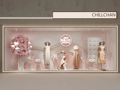CHILLCHAN Shop Window With Pink Balloons Wedding Dresses Mannequins And New Collection Sign 3d model