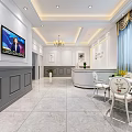 Luxury Hotel Lobby With Reception Desk Marble Flooring Curtains Tables Chairs And Plants