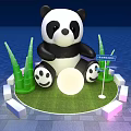 Panda Themed Photo Check In Spot with Green Bamboo Plants and Illuminated Signposts at Night