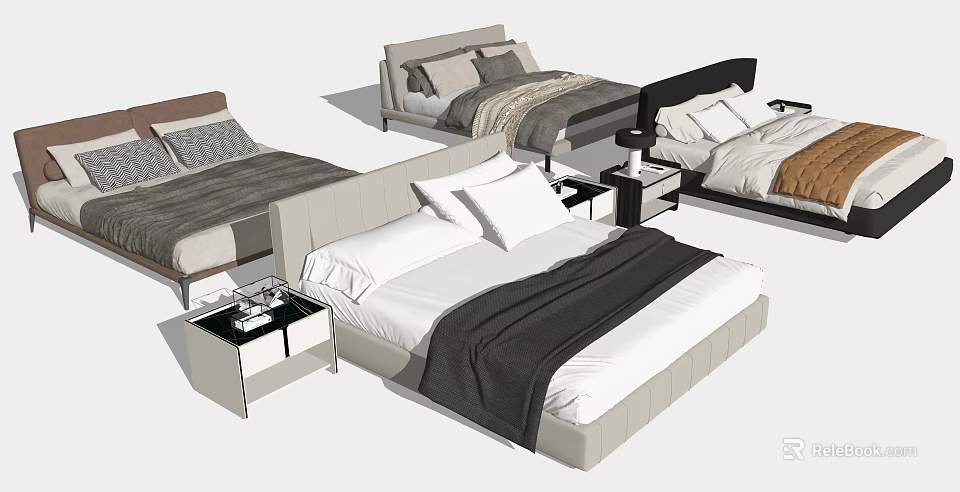 Modern Double Bed Designs with Upholstered Headboards Bedside Tables and Bedding 3d model