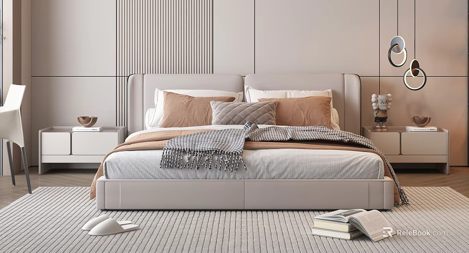 Modern Elegant Bedroom With Beige Headboard Brown Gray Pillows Fringed Blanket And Books On Carpet 3d model 