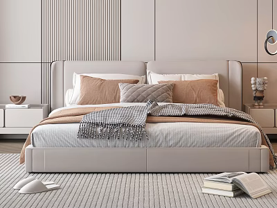 Modern Elegant Bedroom With Beige Headboard Brown Gray Pillows Fringed Blanket And Books On Carpet 3d model