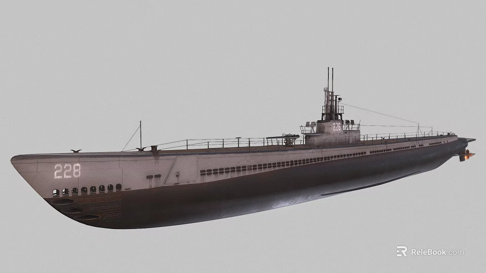 Military Submarine With Number 28 Gray Hull And Deck Structure 3d model 