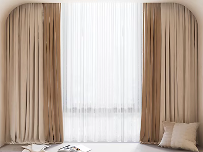 Beige Double Layer Curtains For Arched Window With Sheer And Pillow 3d model