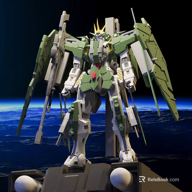 Green White Gundam Model With Large Green Wings Yellow Head Decoration Earth Space Background 3d model 