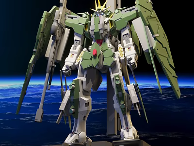 Green White Gundam Model With Large Green Wings Yellow Head Decoration Earth Space Background 3d model